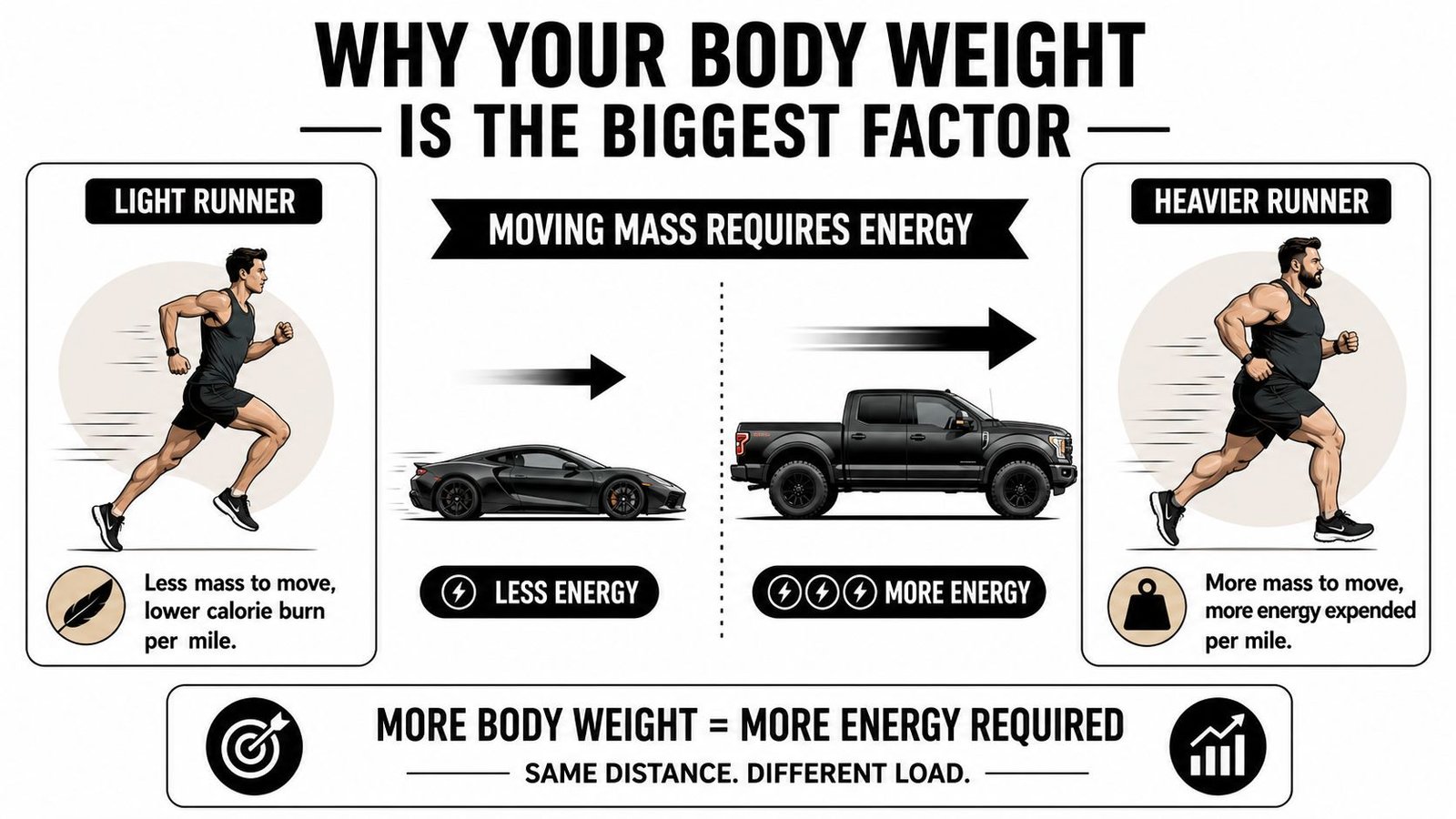 A diagram comparing calorie burn for light versus heavier runners, illustrating how body weight impacts energy expenditure.