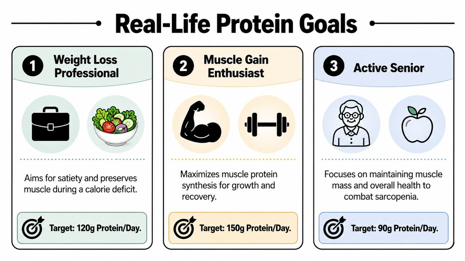 A visual guide showing daily protein intake goals for a weight loss professional, muscle enthusiast, and senior.