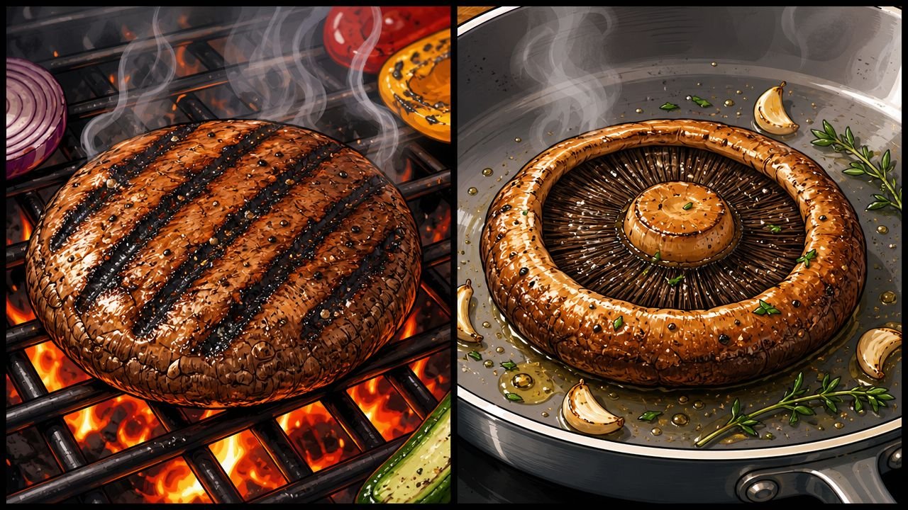 A split-screen comparison showing a meat burger on a grill next to a portobello mushroom in a skillet.