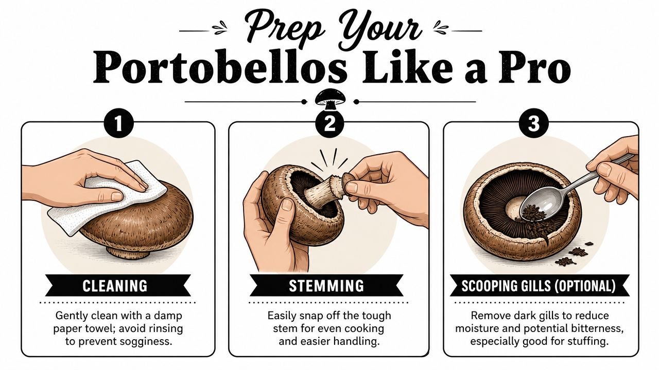 A three-step infographic showing how to clean, stem, and remove the gills from a portobello mushroom.