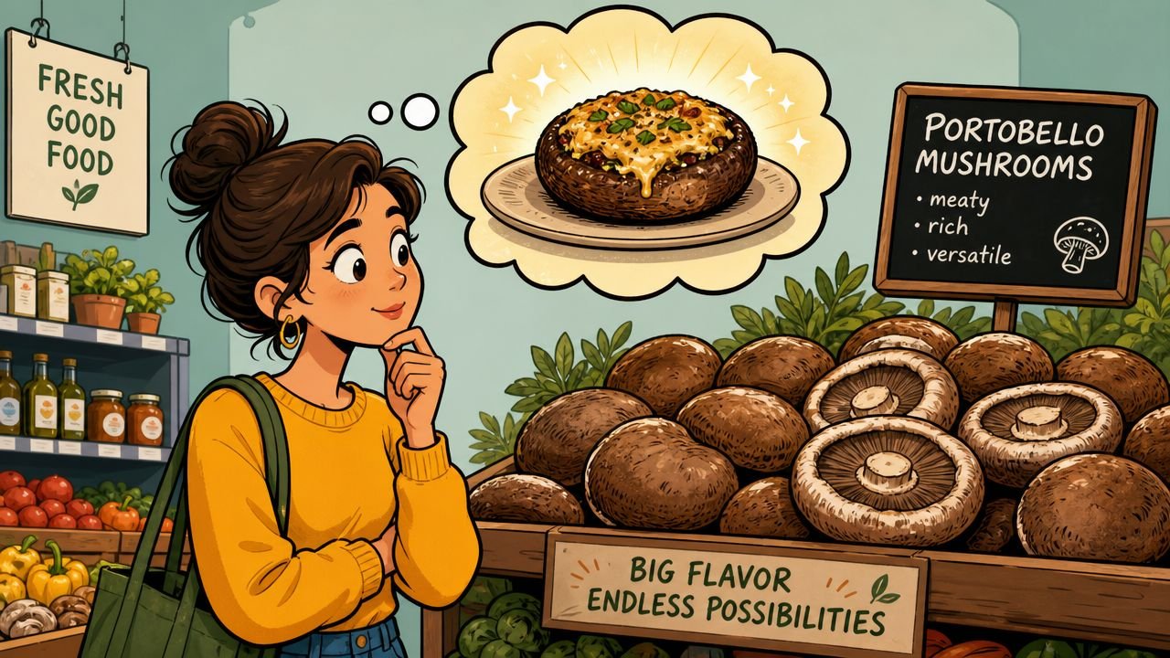 A young woman in a grocery store dreaming about a delicious baked stuffed portobello mushroom meal.