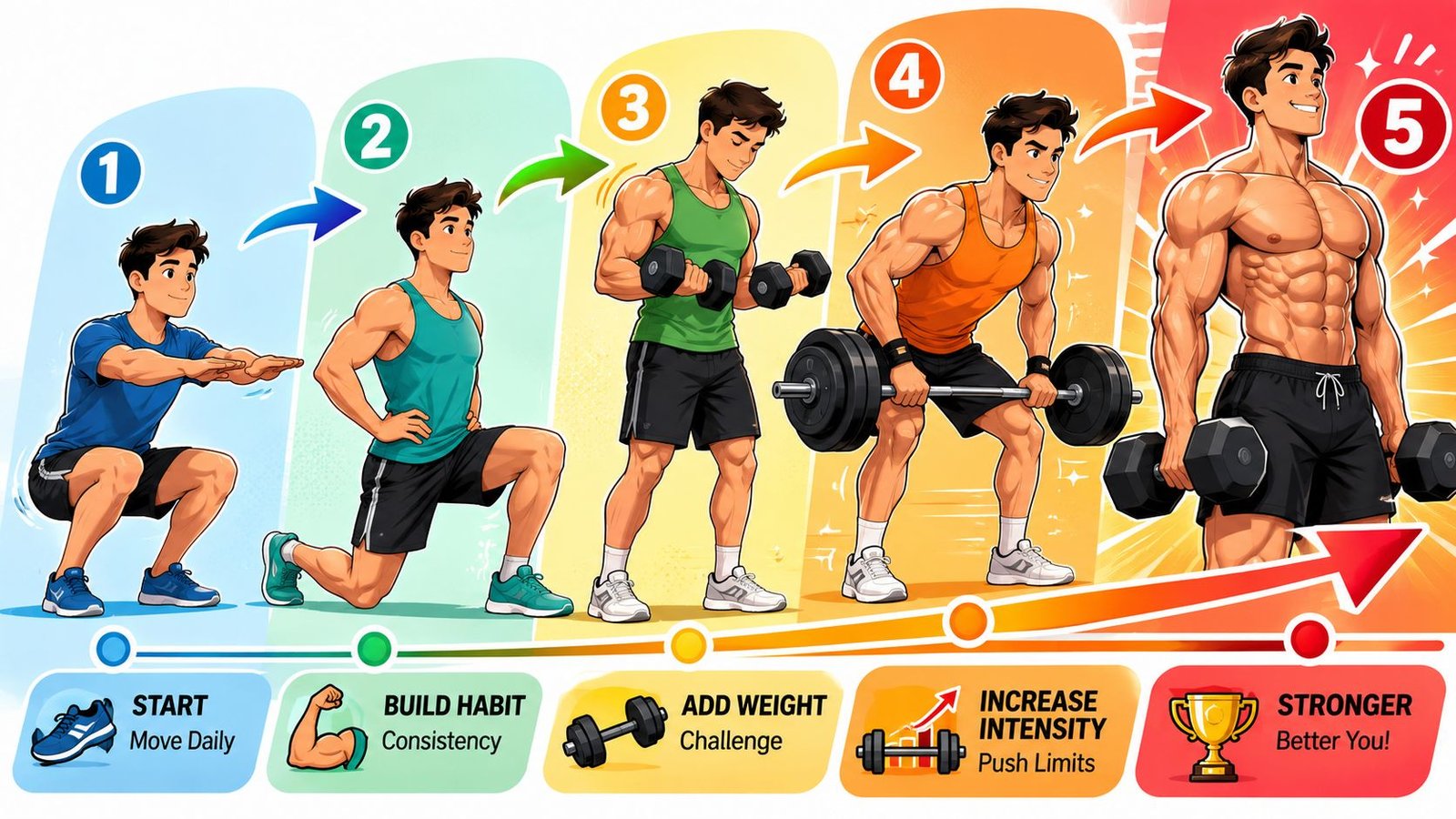 An illustration showing a five-step fitness progression, from basic squats to advanced strength training and bodybuilding.