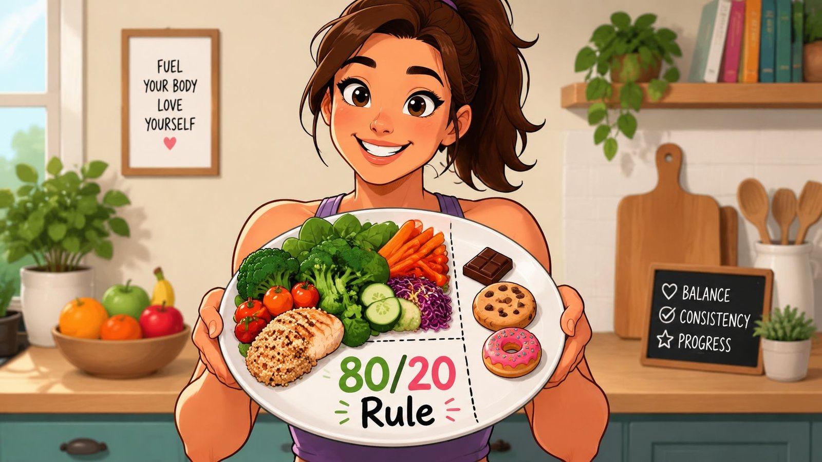 A happy woman holding a plate showing the 80/20 rule for balanced nutrition and healthy dieting.