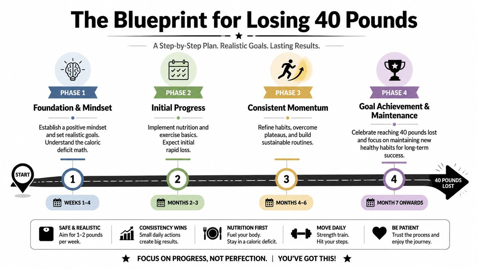 A structured four-phase roadmap infographic illustrating a step-by-step plan for safely losing 40 pounds over time.