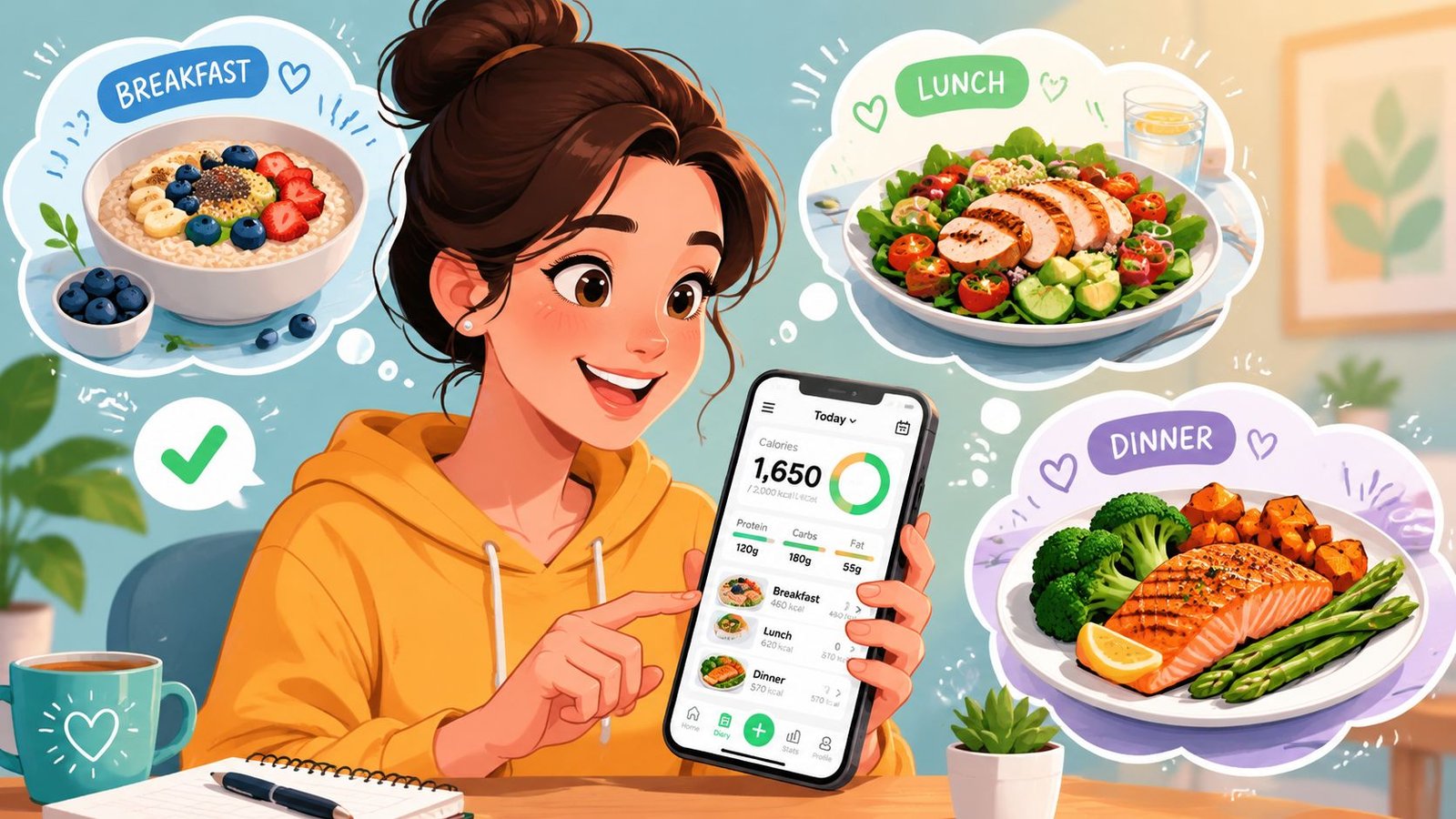 A young woman uses a mobile app on her phone to track her daily macros and meals.