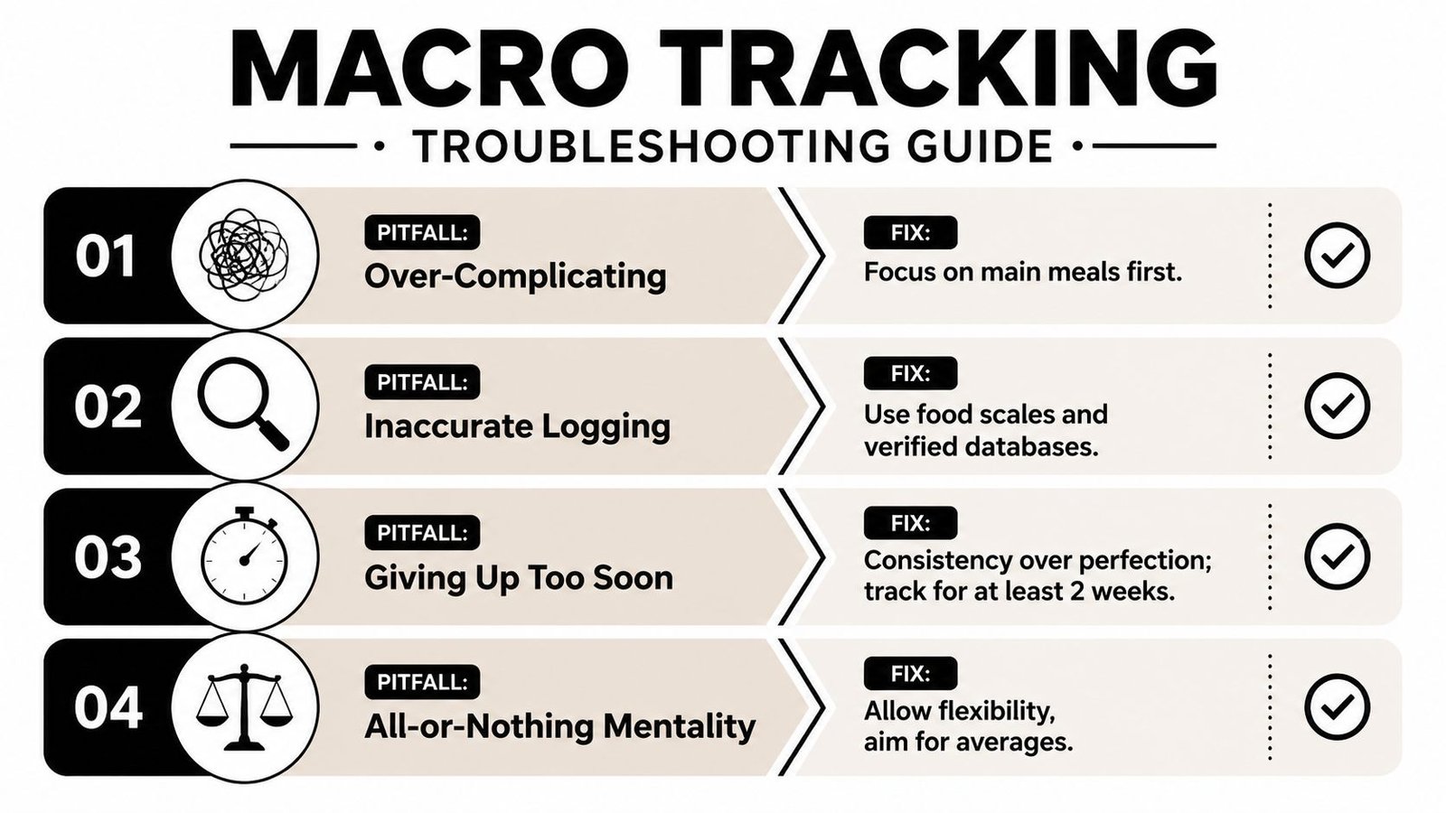 A four-step infographic providing troubleshooting tips for common macro tracking mistakes and how to fix them.