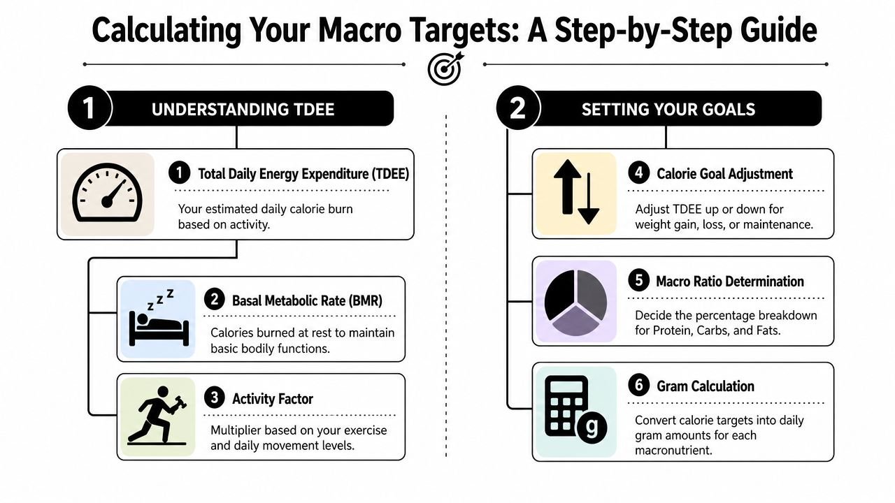 A step-by-step infographic titled Calculating Your Macro Targets explaining TDEE, goal setting, and macronutrient calculations.