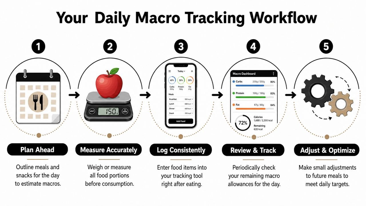 A five-step infographic showing the daily workflow for effectively tracking macronutrients for health and nutrition goals.