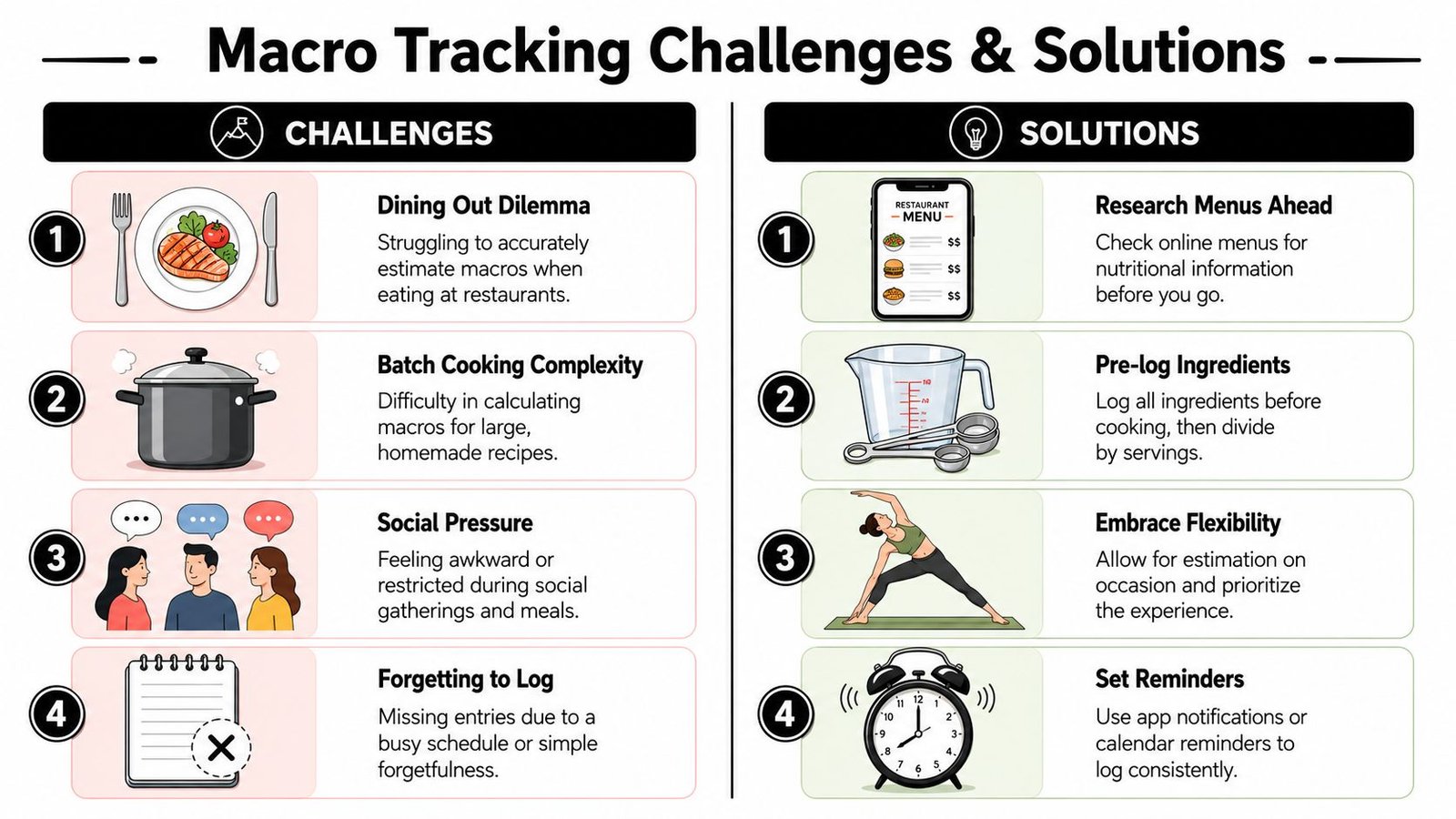 A visual guide comparing common macro tracking challenges with practical solutions for healthy meal planning.