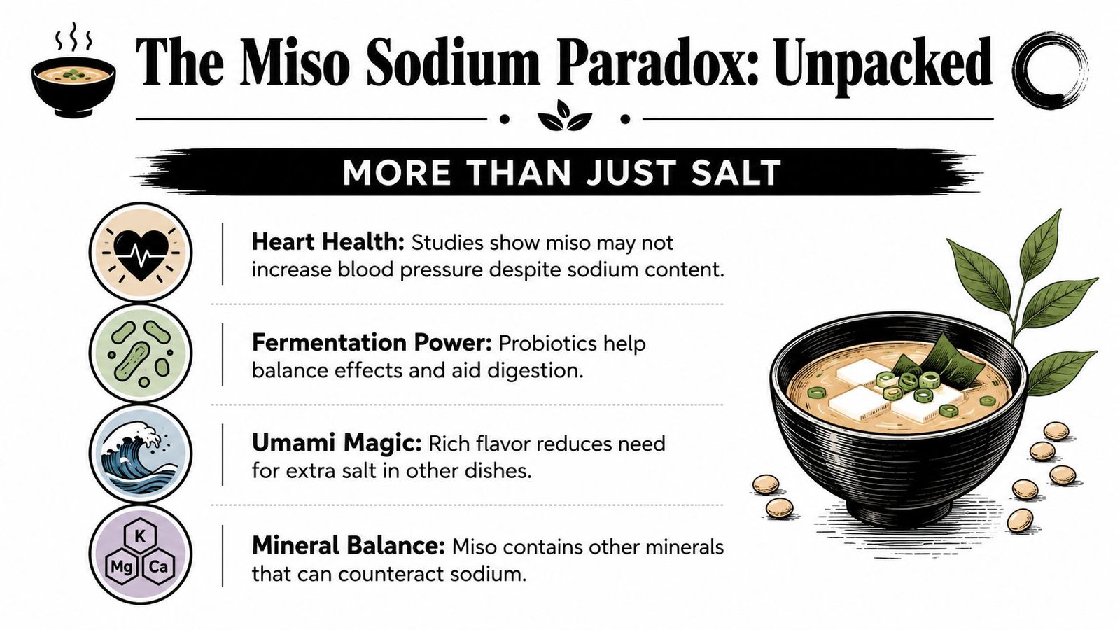 An infographic titled The Miso Sodium Paradox explaining why miso soup is healthy despite its sodium content.
