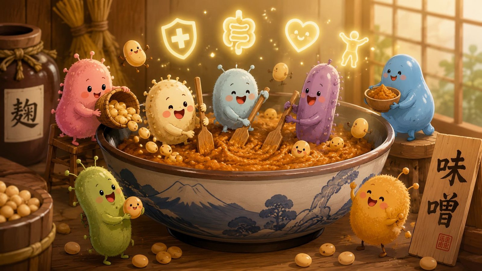 Cute cartoon microbes stirring a large bowl of miso paste with icons representing health benefits above.