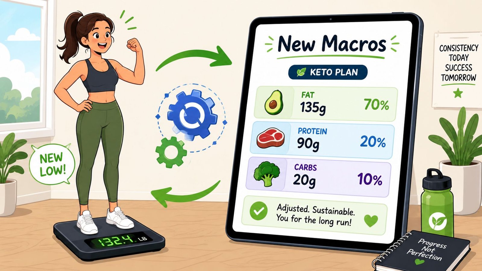 A woman stands on a weight scale showing 132.4 lbs next to a tablet displaying keto macros.