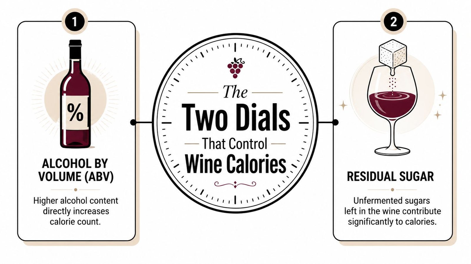 An infographic showing two factors that influence wine calories: alcohol by volume and residual sugar content.