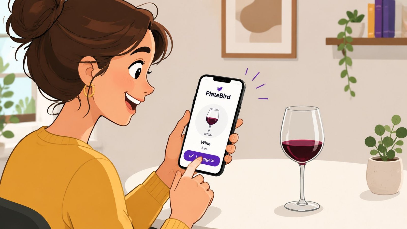 A woman using the PlateBird app on her smartphone to track a glass of red wine.