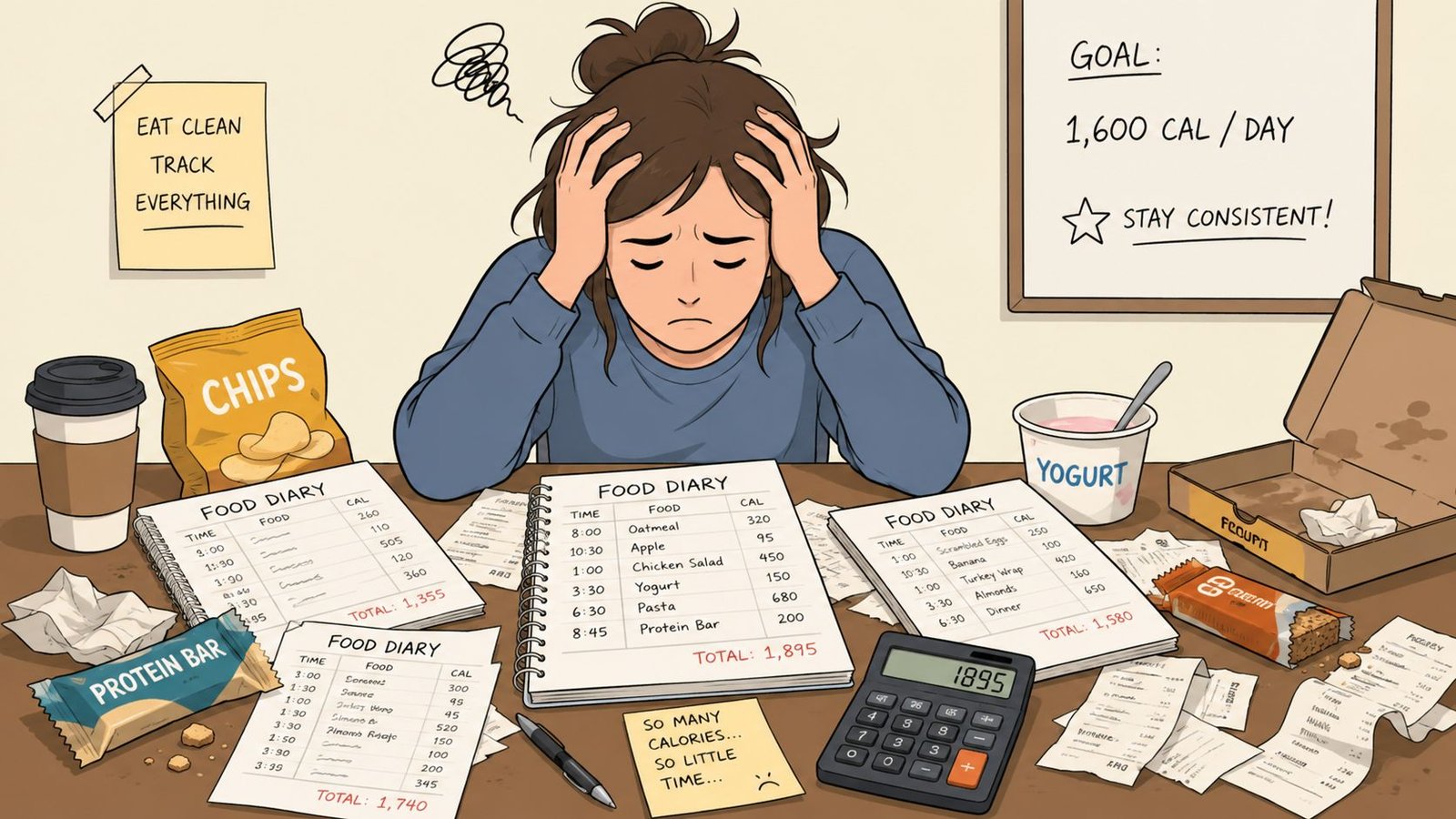 A stressed woman sitting at a desk surrounded by food diaries and calorie tracking notes.