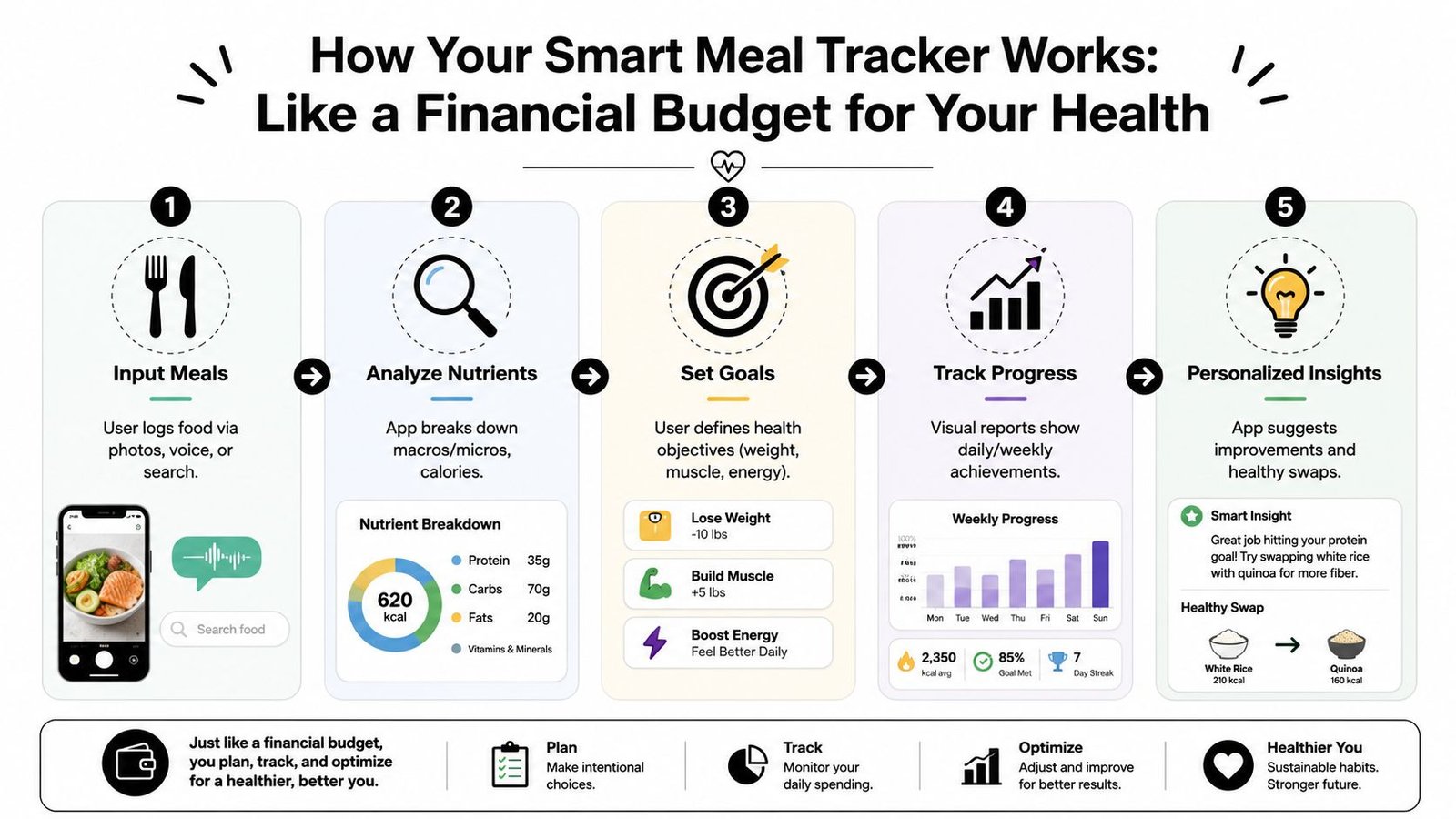 An infographic illustrating the five-step process of a smart meal tracker app for health and nutrition.