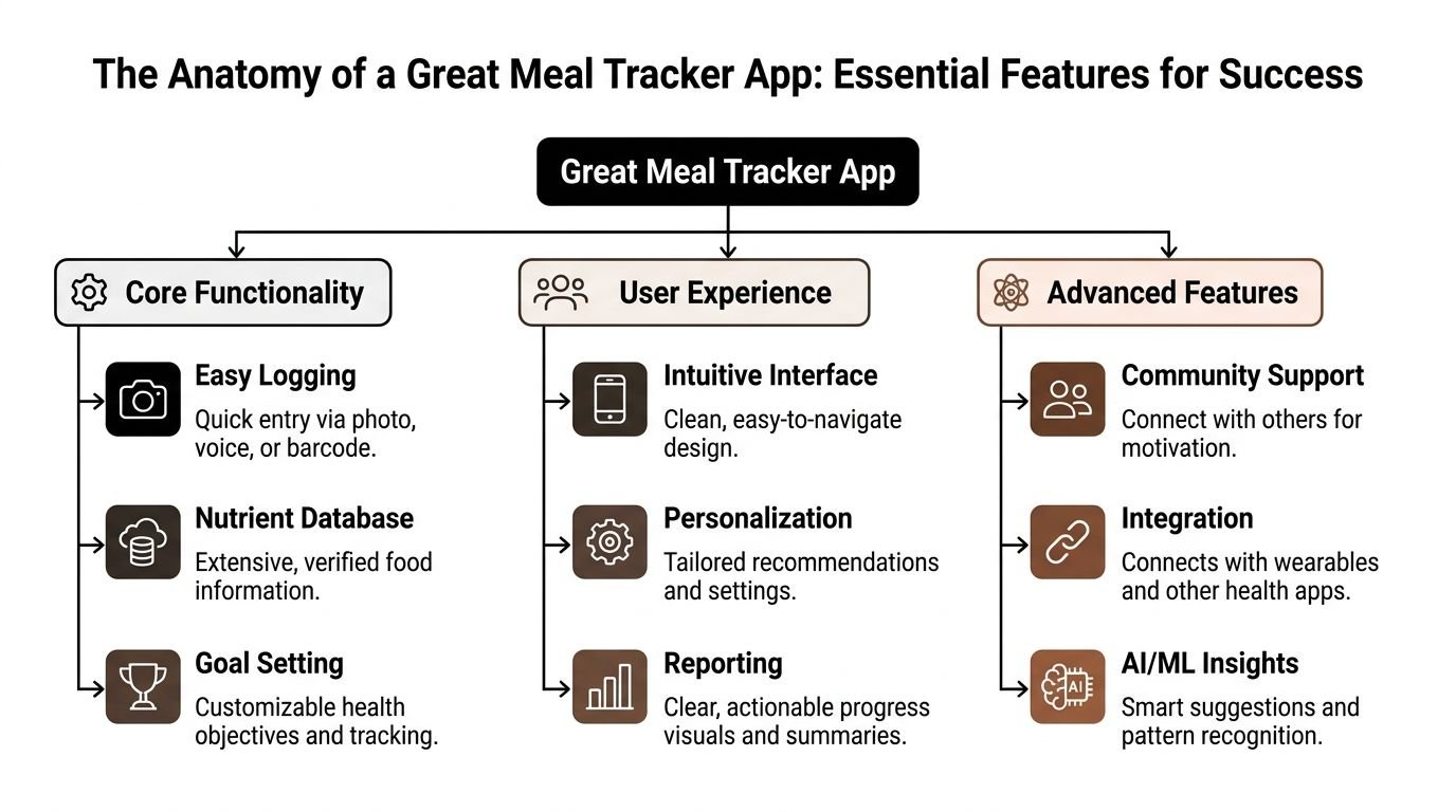 An infographic titled The Anatomy of a Great Meal Tracker App showing essential features for success.