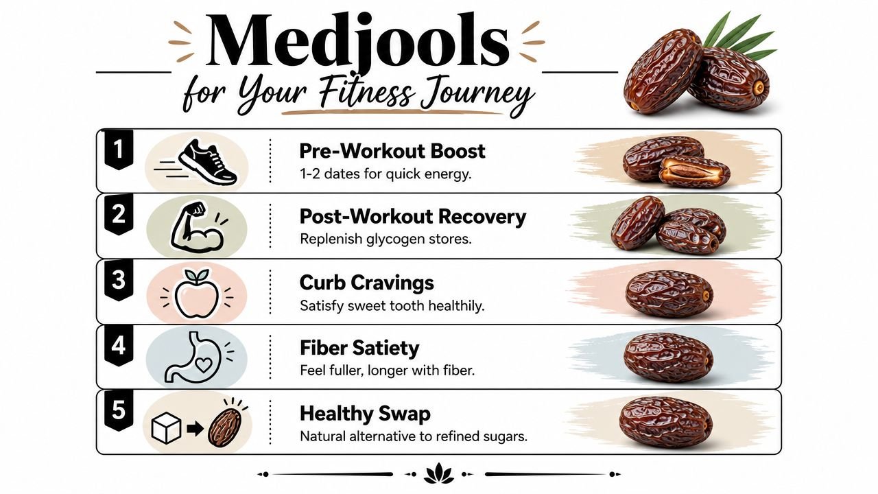 An infographic detailing five ways Medjool dates can support a healthy fitness journey and nutritional goals.