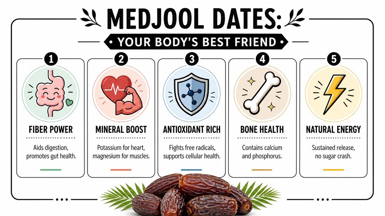 An infographic detailing five health benefits of Medjool dates, including digestion, minerals, antioxidants, bone health, and energy.