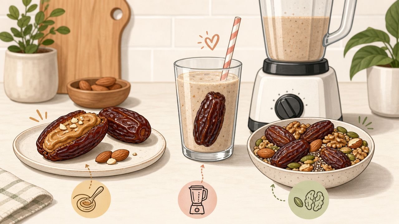 A healthy snack setup featuring stuffed medjool dates, a creamy date smoothie, and a bowl of mixed nuts and seeds.