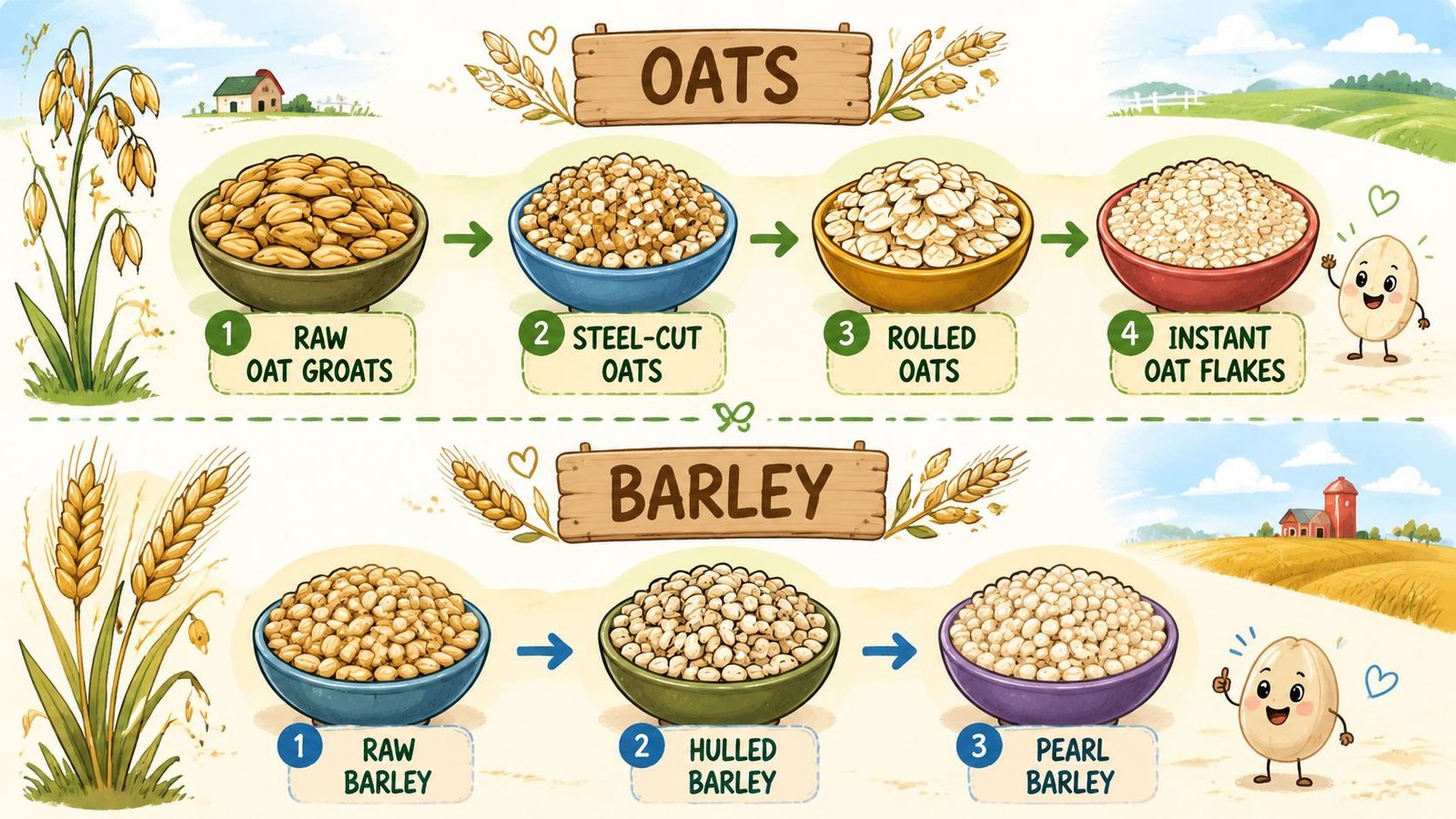 A visual guide comparing the processing stages of oats from groats to flakes and barley from raw to pearl.