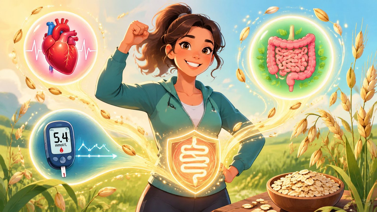 A healthy woman celebrating wellness, representing heart, digestive, and blood sugar health benefits from eating oats.