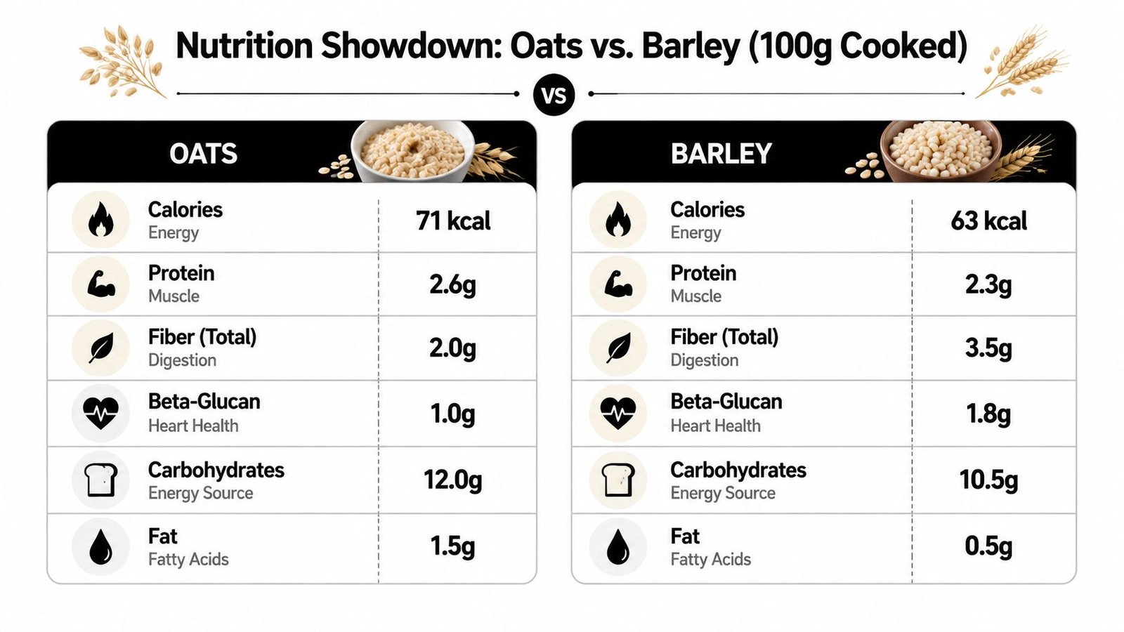 A comparison chart showing the nutritional values for 100 grams of cooked oats versus cooked barley.