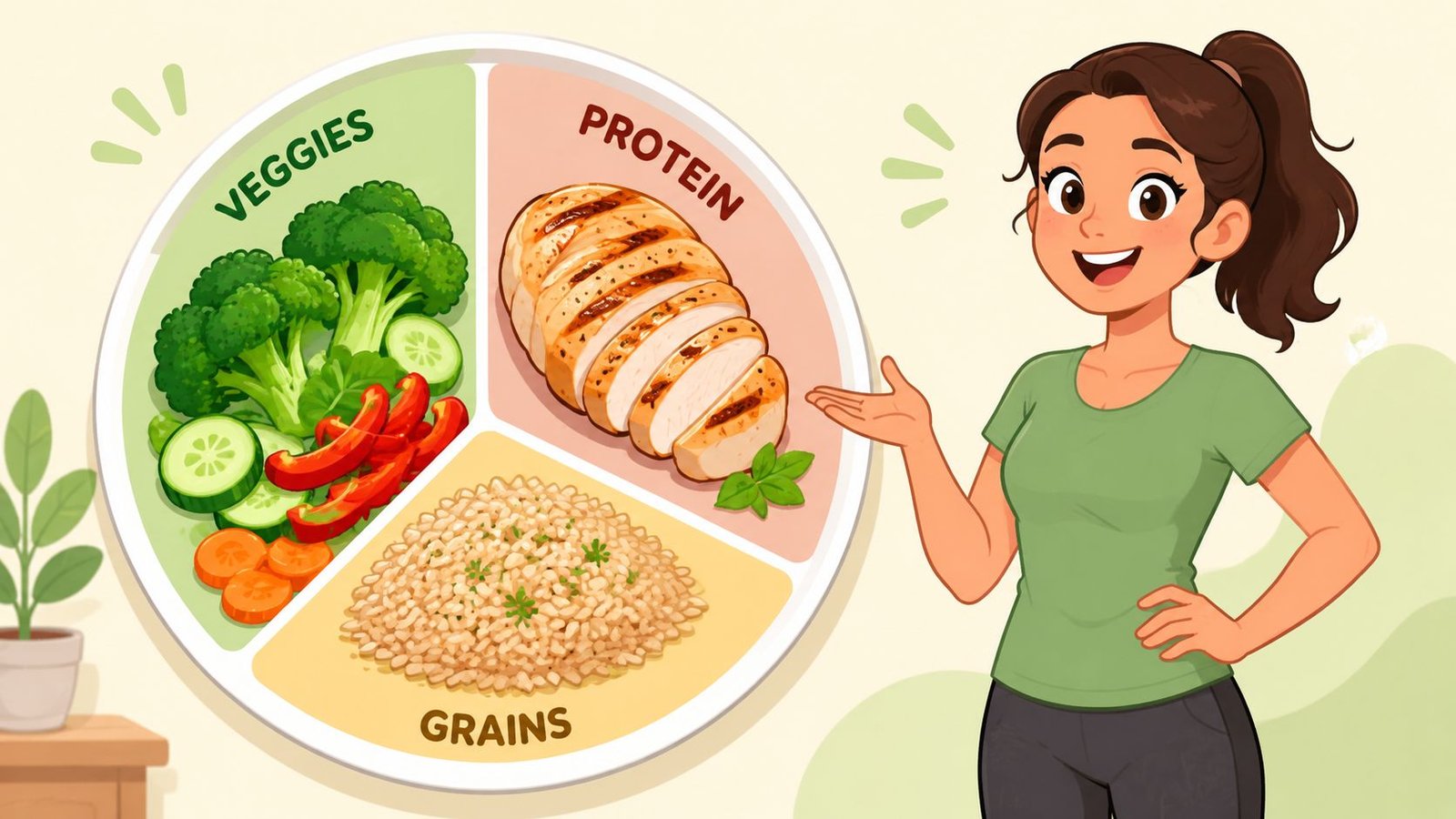 A friendly woman presenting a healthy balanced plate divided into sections for vegetables, protein, and grains.