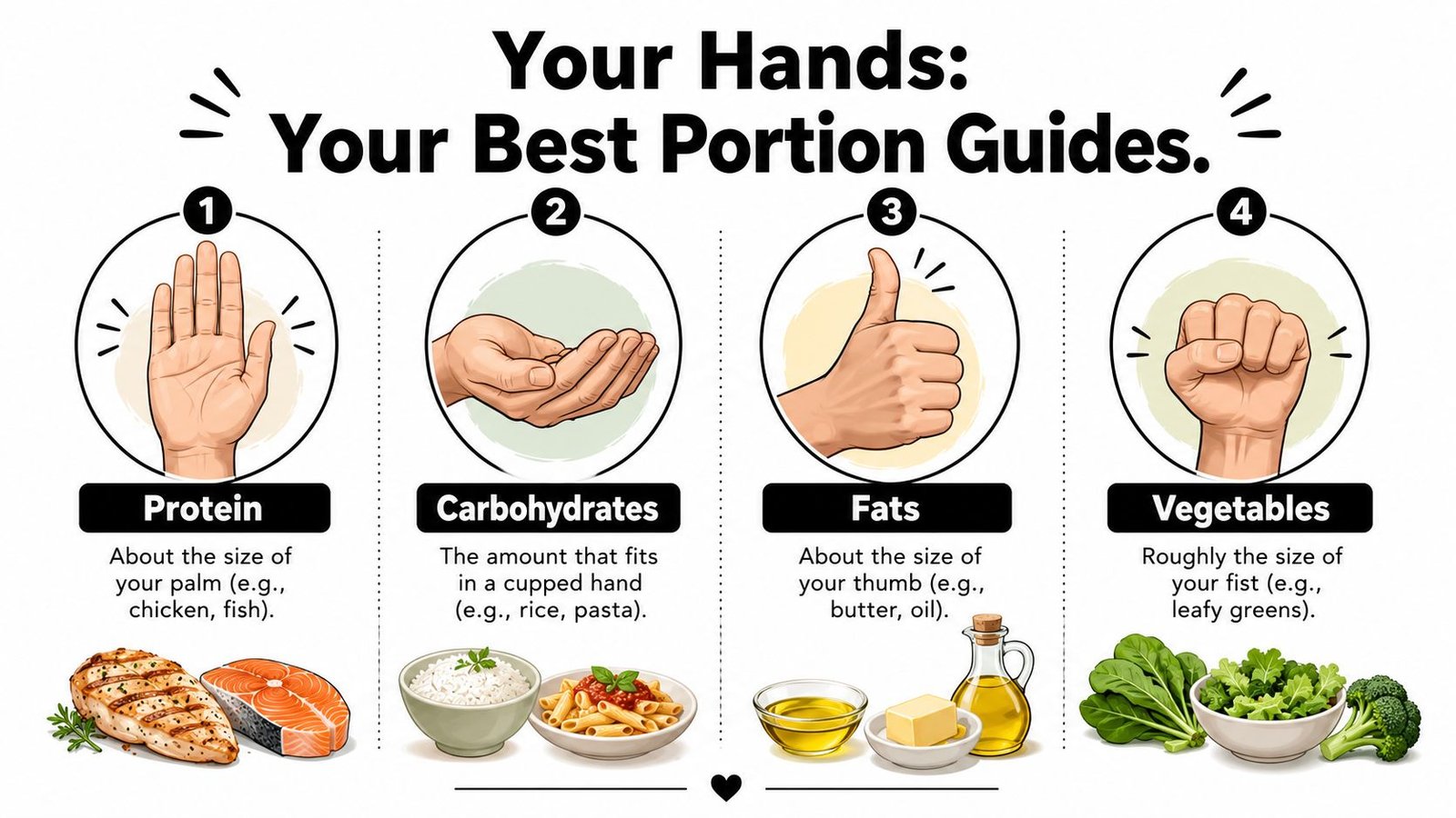 A portion size guide using hand measurements to represent recommended servings of protein, carbohydrates, fats, and vegetables.