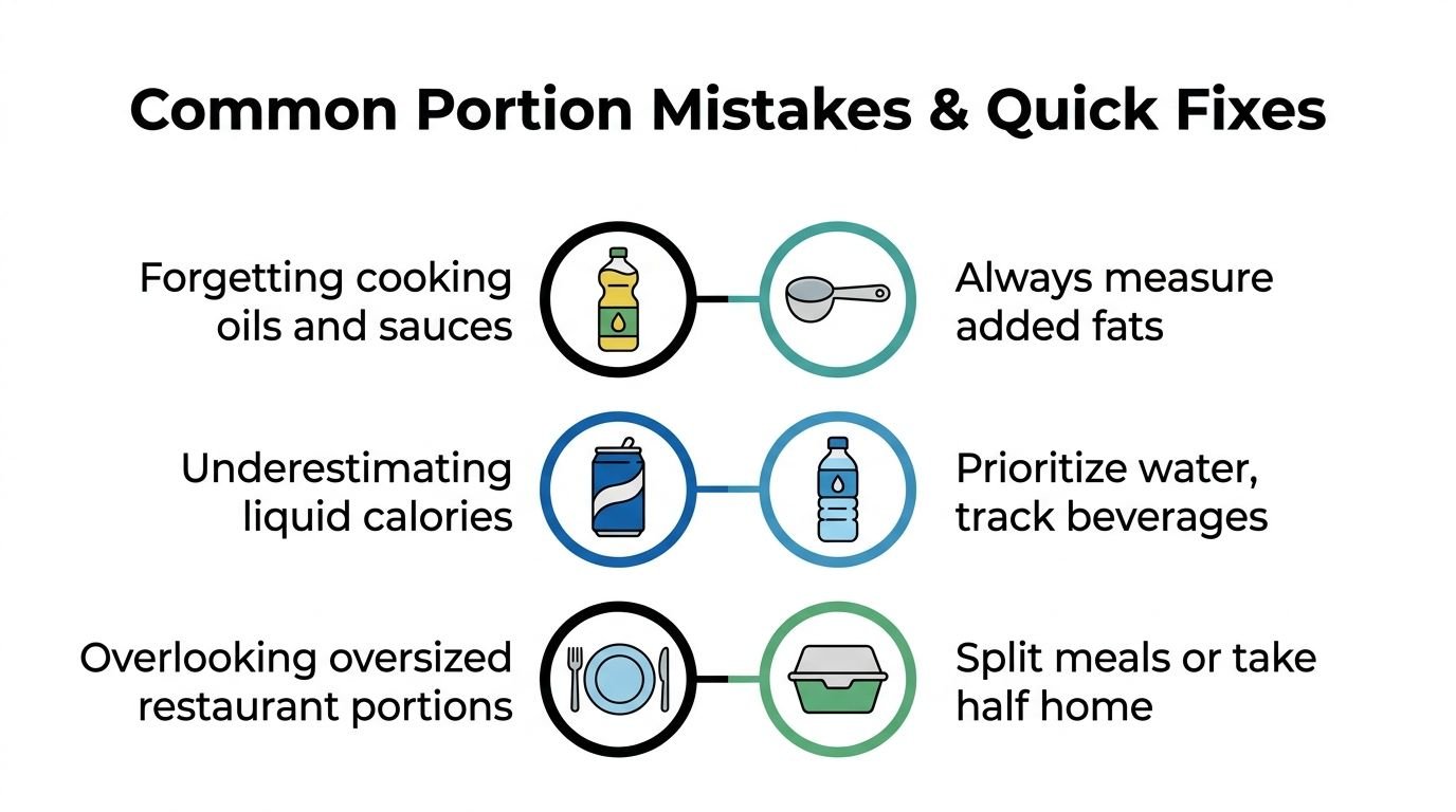 An infographic illustrating three common portion size mistakes and their corresponding quick fixes for healthy eating.