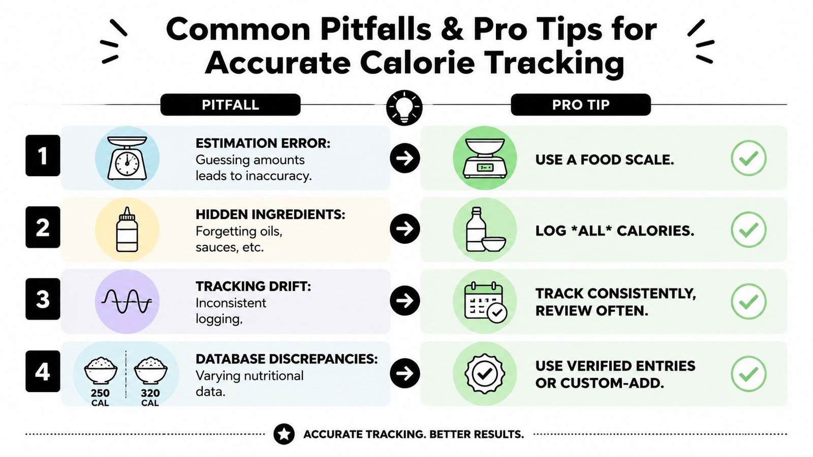 An infographic titled Common Pitfalls and Pro Tips for Accurate Calorie Tracking showing four ways to improve logging.