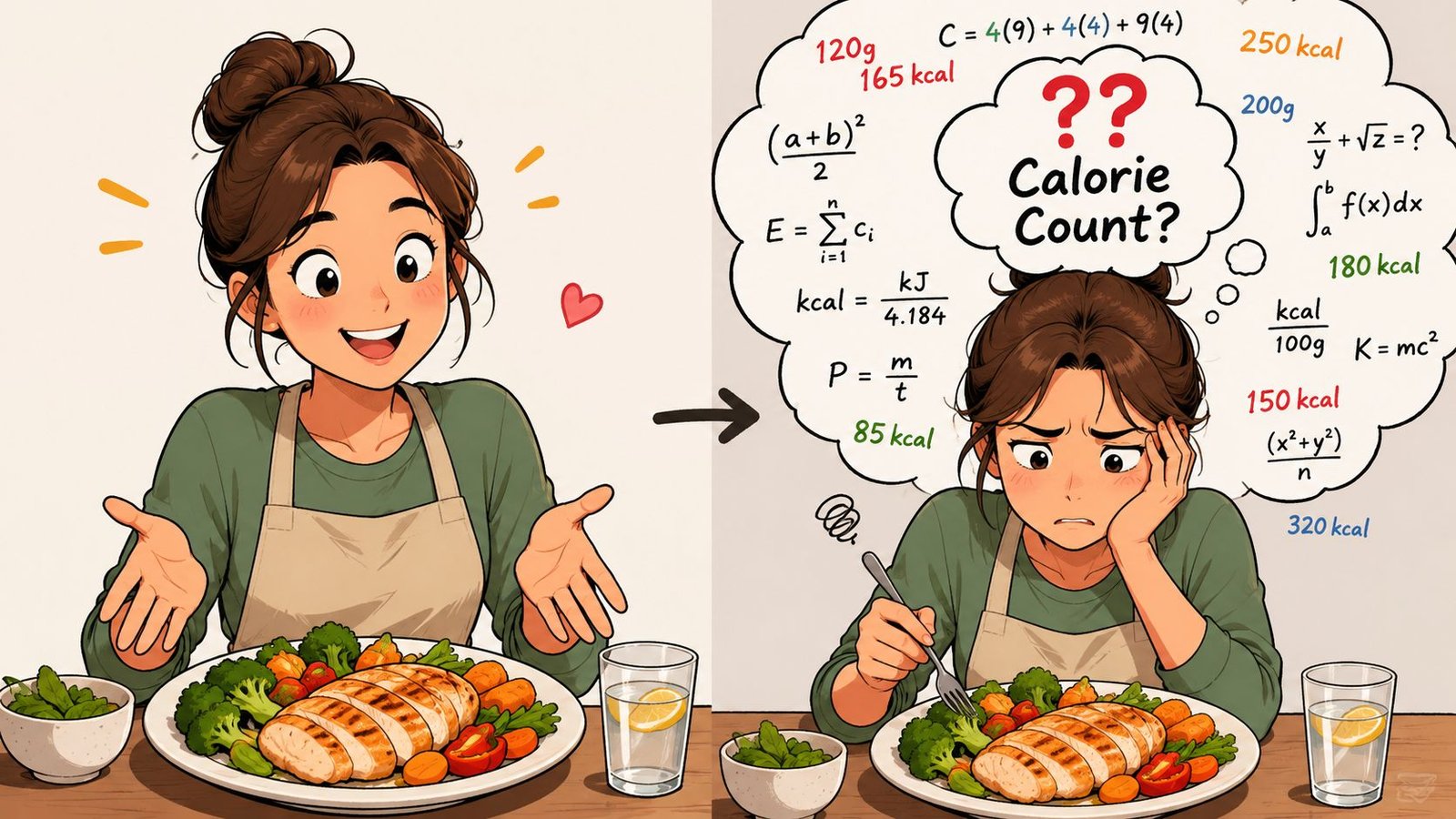 A woman looks at her meal and struggles to calculate the calorie content of her healthy food.