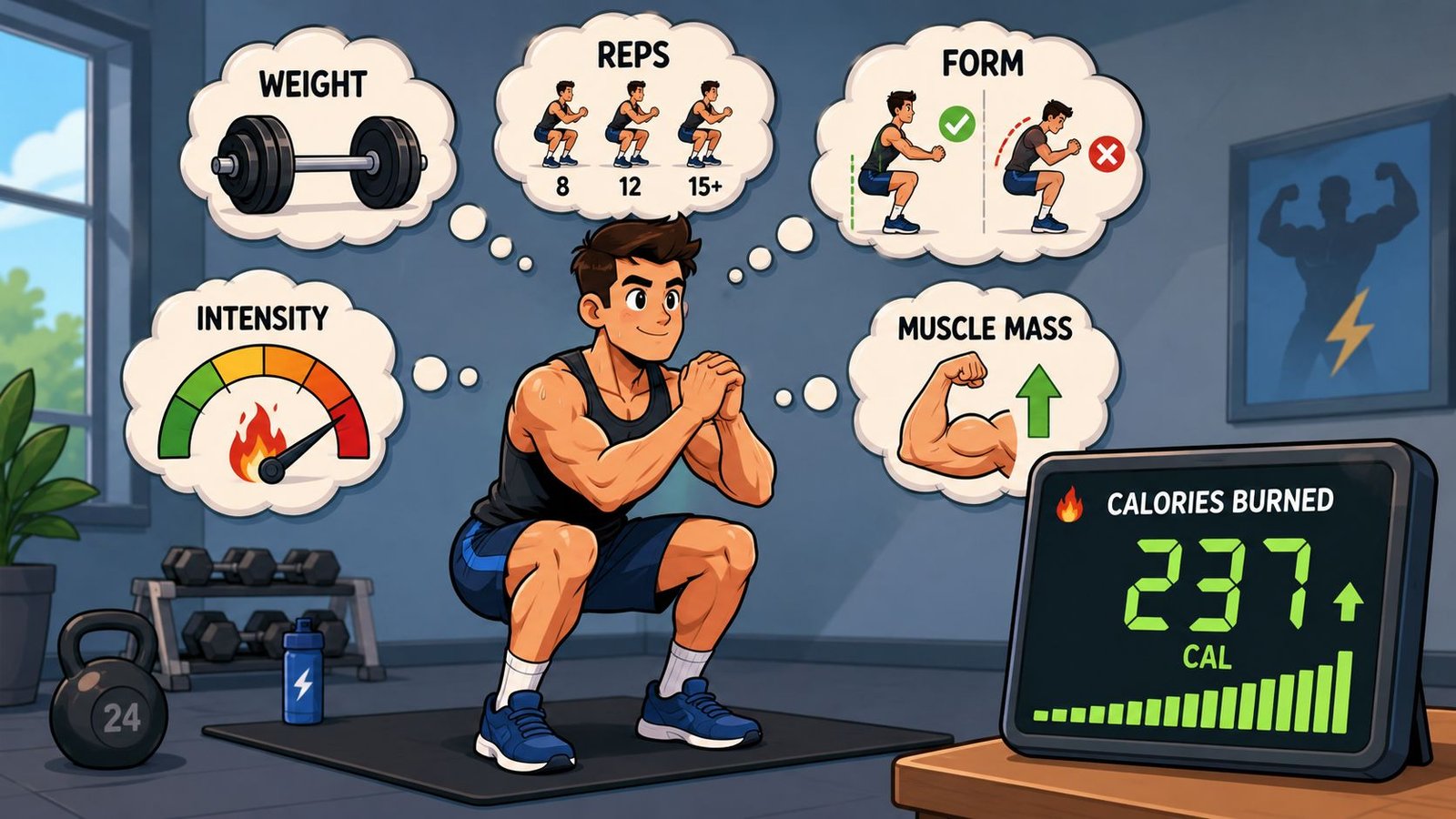 A fit man performing squats with exercise tips illustrating weight, reps, form, intensity, and calories burned.