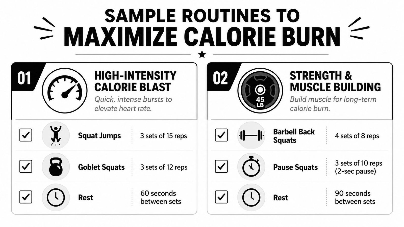 A graphic showing two workout routines for burning calories featuring squats and barbell exercises with set instructions.