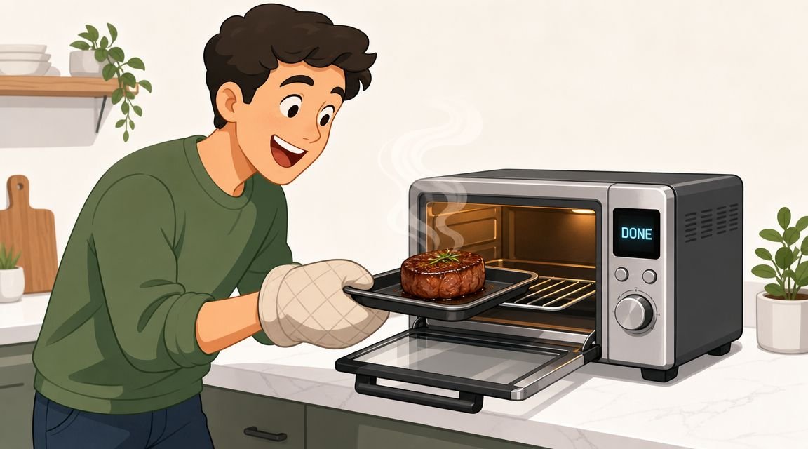 A young man wearing an oven mitt takes a perfectly cooked steak out of a toaster oven.