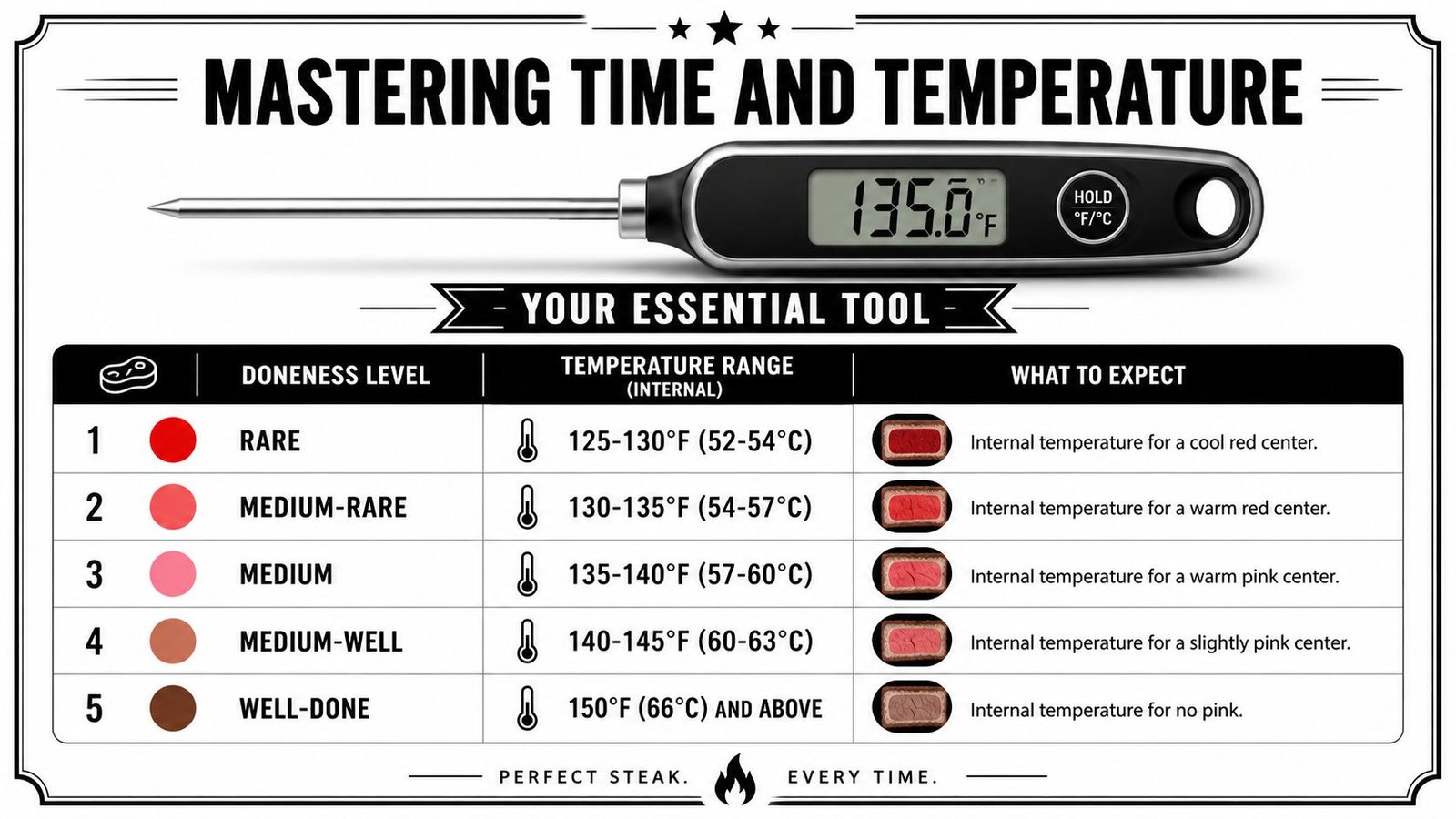 A cooking reference guide showing steak doneness levels with internal temperatures ranging from rare to well-done.