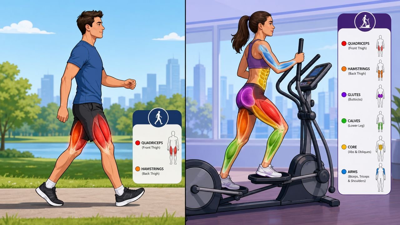 A side-by-side comparison showing muscle groups engaged during walking versus using an elliptical workout machine.
