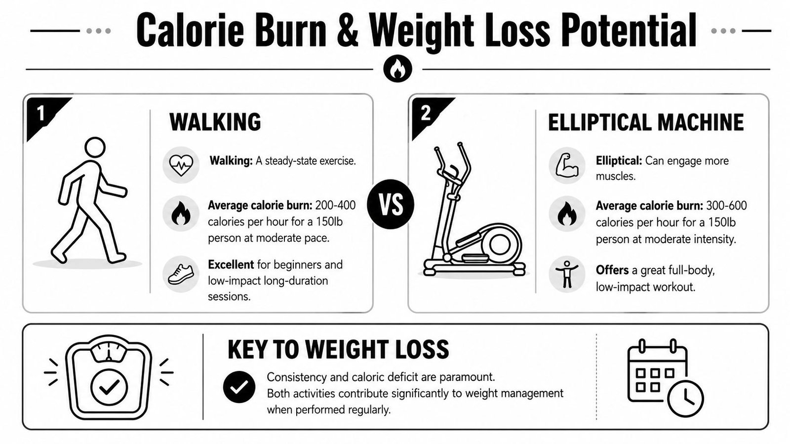 An infographic comparing calorie burn and weight loss benefits of walking versus using an elliptical machine.