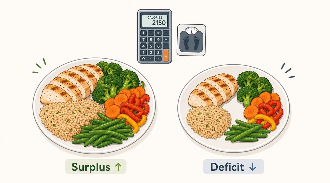 An illustration comparing meal portion sizes for a calorie surplus to gain weight versus a calorie deficit.