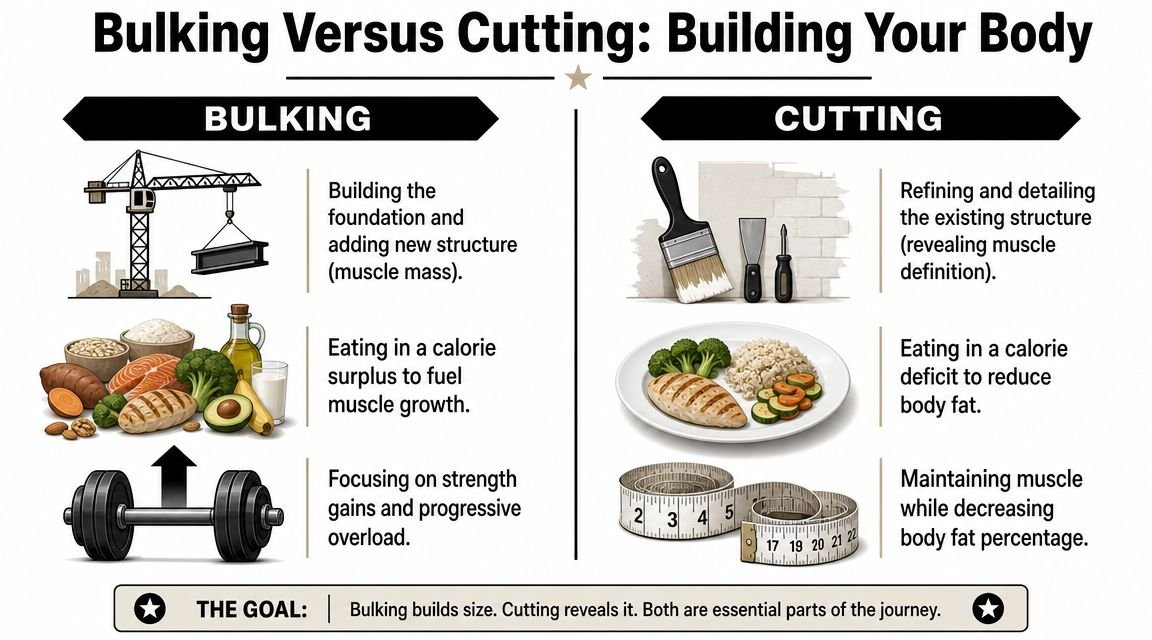 A comparison infographic between bulking to gain muscle and cutting to reduce body fat for fitness.