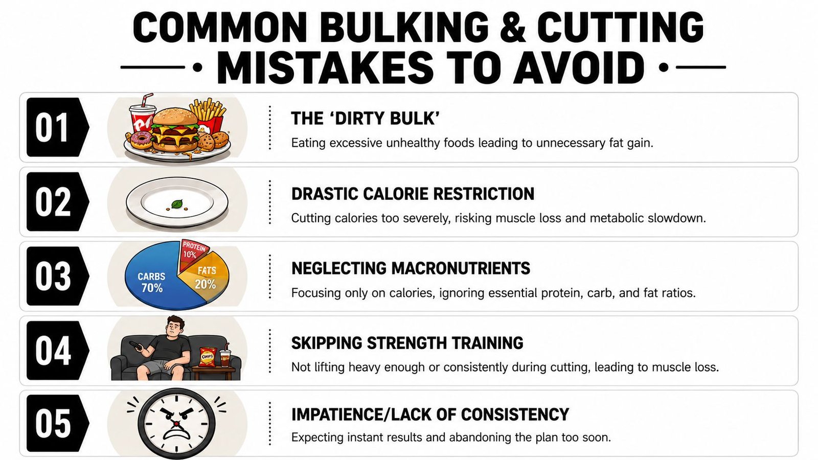 An infographic showing five common fitness mistakes to avoid when bulking or cutting your body weight.