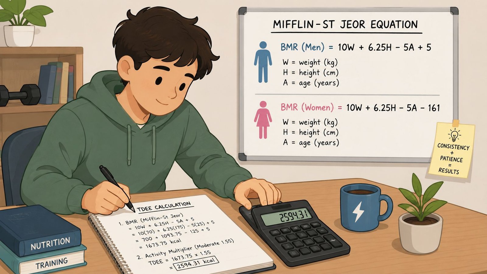 A young man sitting at a desk calculating his TDEE using the Mifflin-St Jeor equation and a calculator.