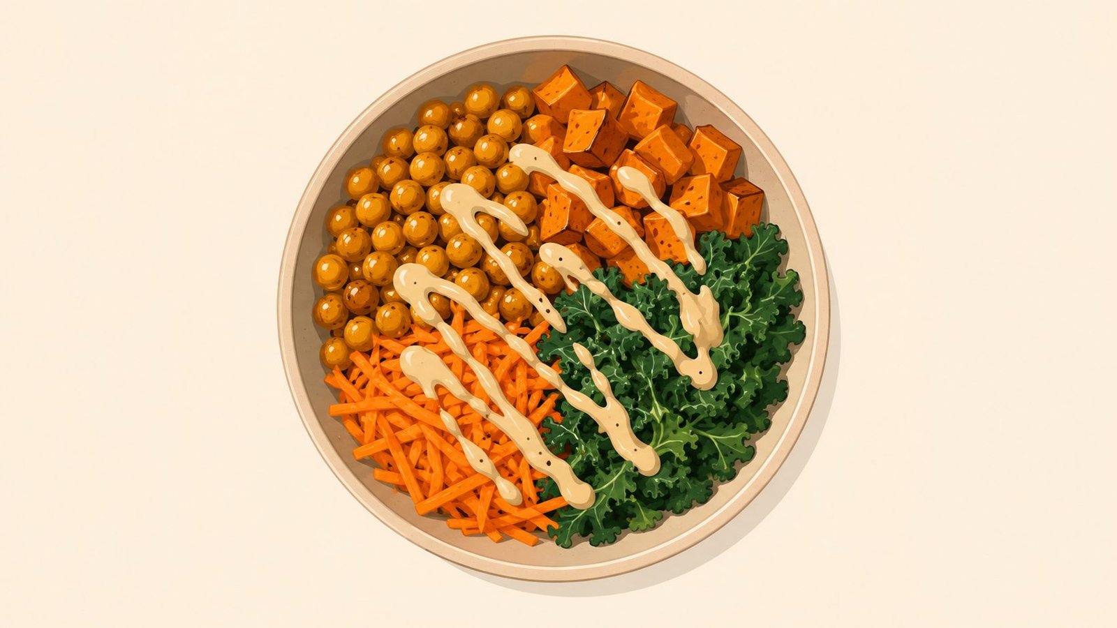 A colorful vegetarian grain bowl featuring chickpeas, roasted sweet potatoes, shredded carrots, and kale with tahini.