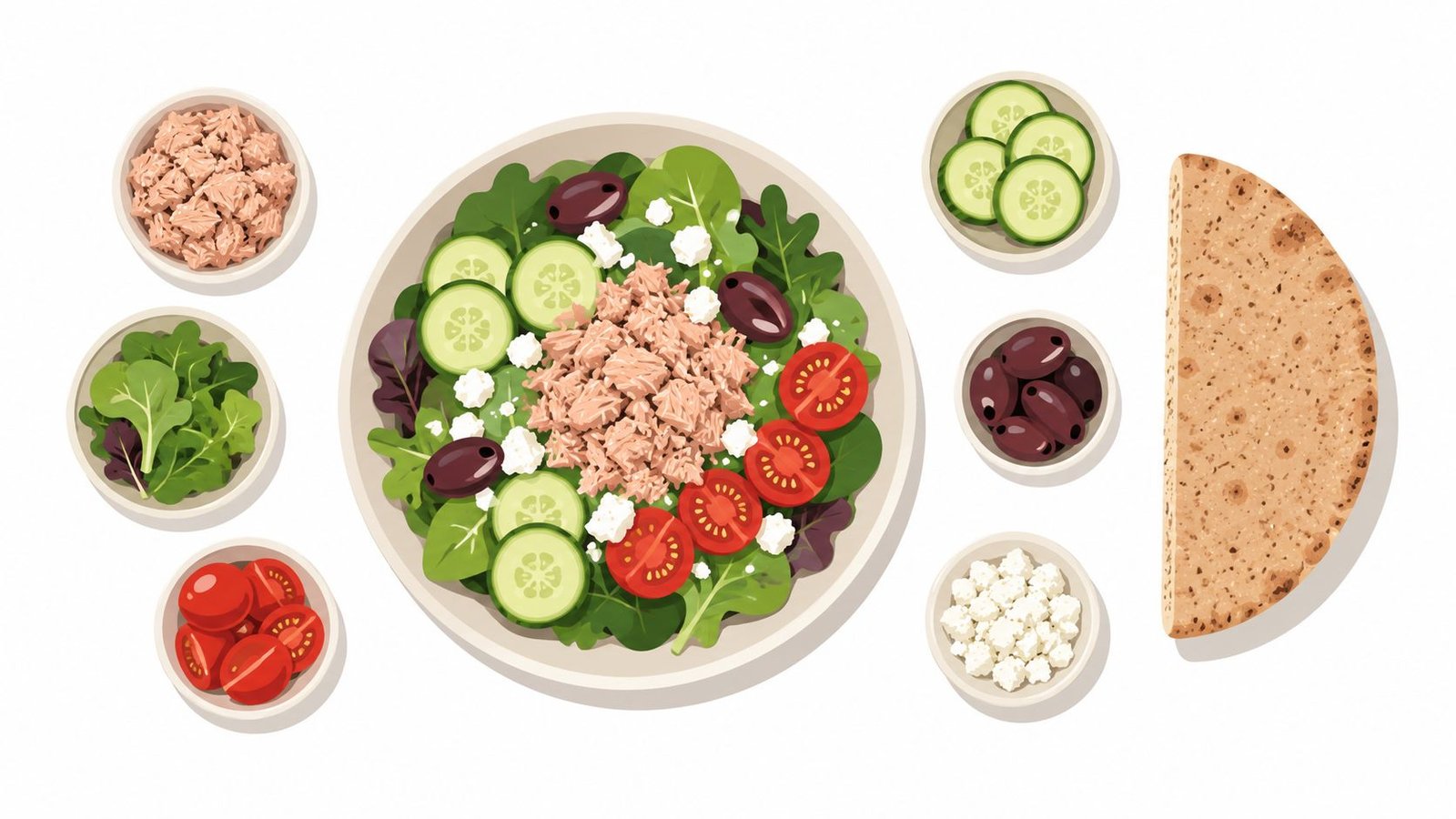 A colorful healthy salad bowl with tuna, vegetables, and pita bread on a white background.