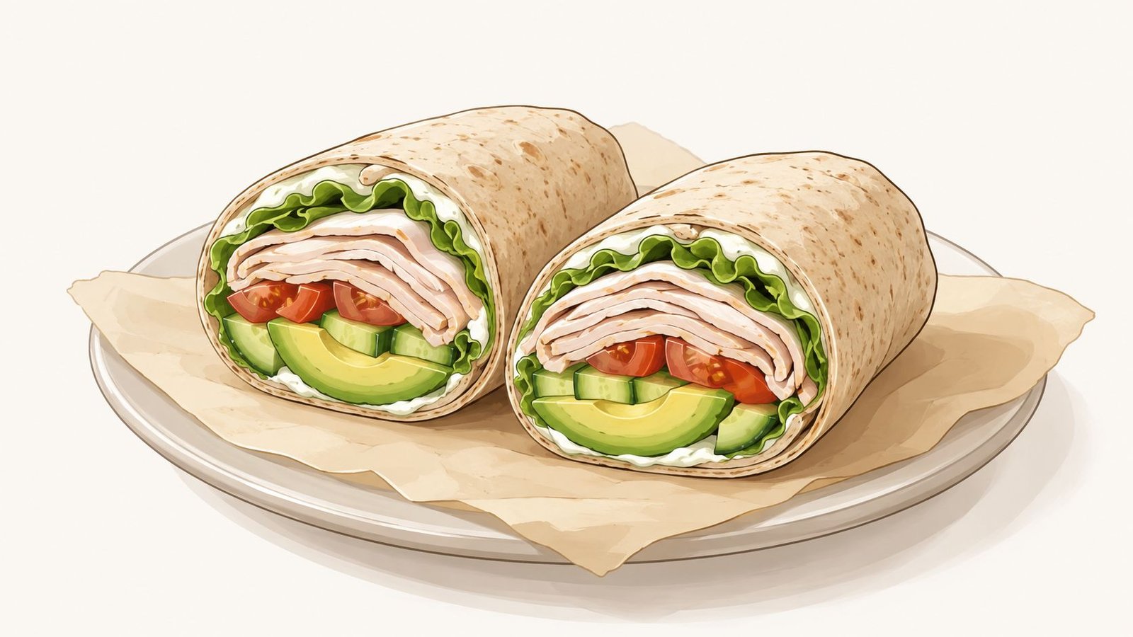 Two halves of a fresh turkey and avocado wrap served on a white plate with parchment paper.