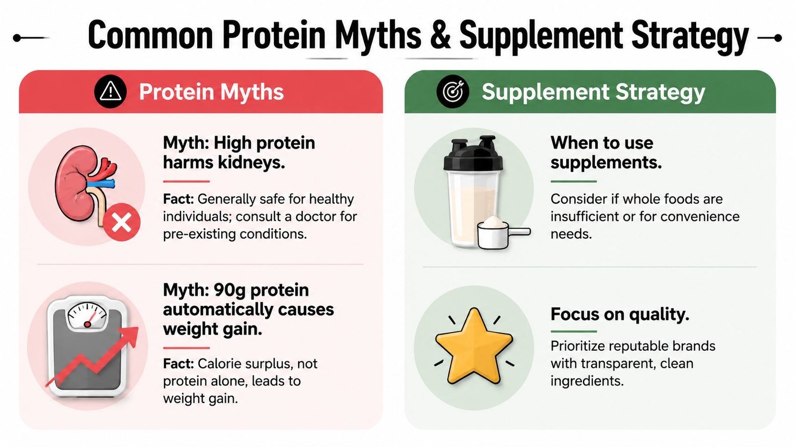 An infographic titled Common Protein Myths & Supplement Strategy, listing facts about protein intake and supplementation.