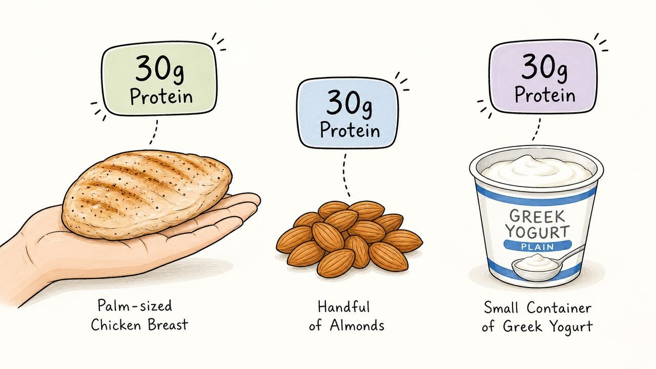 A diagram comparing three food sources that each contain 30 grams of protein: chicken, almonds, and yogurt.