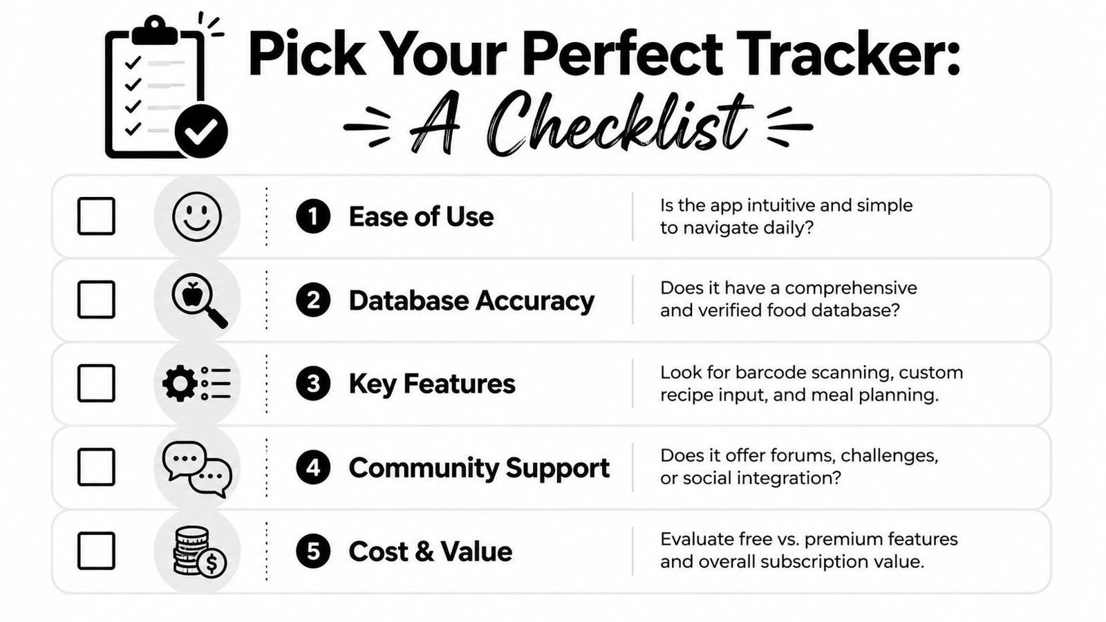 A checklist infographic titled Pick Your Perfect Tracker offering five key criteria for choosing nutrition tracking apps.