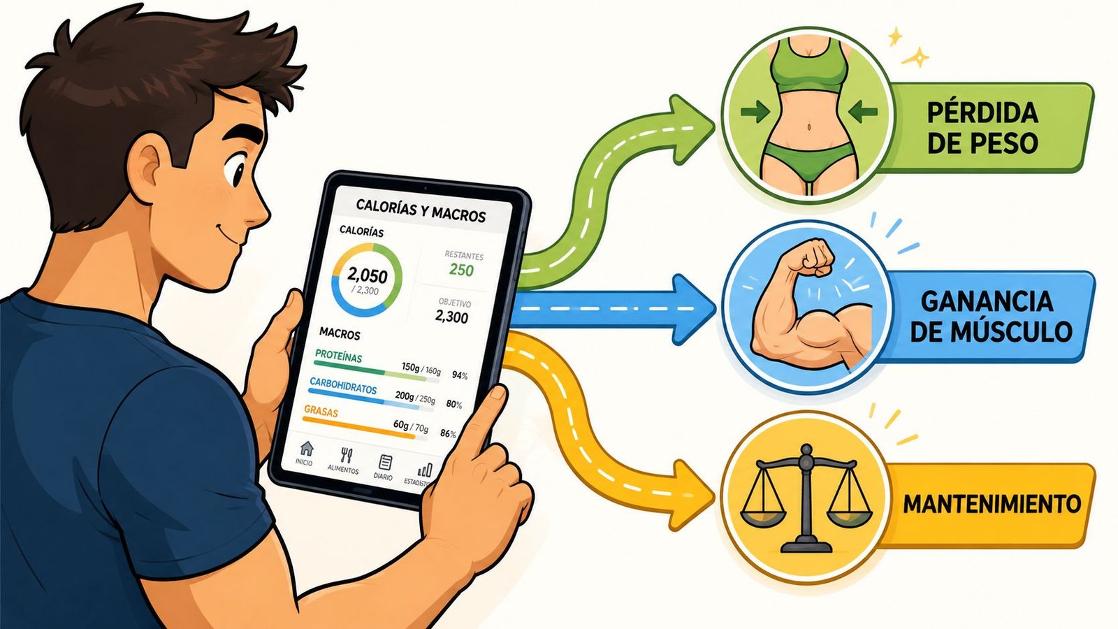 A cartoon man using a tablet to track calories and macros to reach weight and fitness goals.