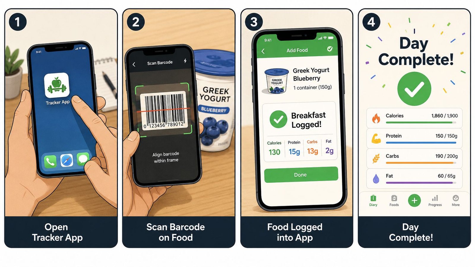A four-step graphic illustration showing how to use a smartphone app for tracking calories and macros.